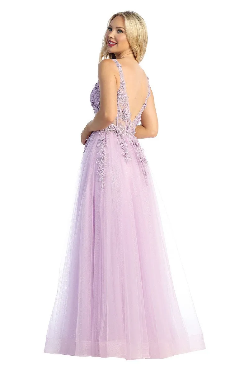 LF 7728 - Layered Tulle A-Line Prom Gown with 3D floral Embellished Sheer Boned Bodice & Leg Slit