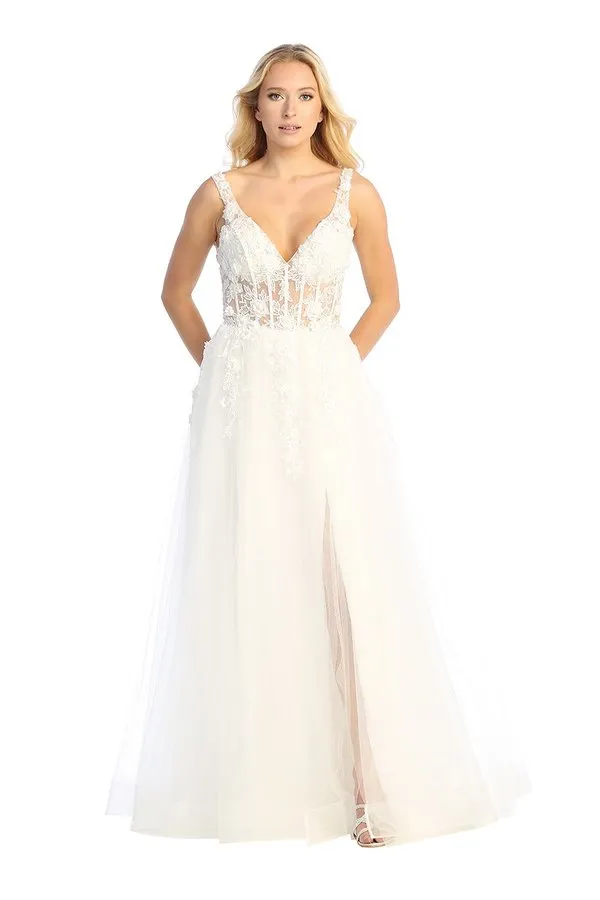 LF 7728 - Layered Tulle A-Line Prom Gown with 3D floral Embellished Sheer Boned Bodice & Leg Slit
