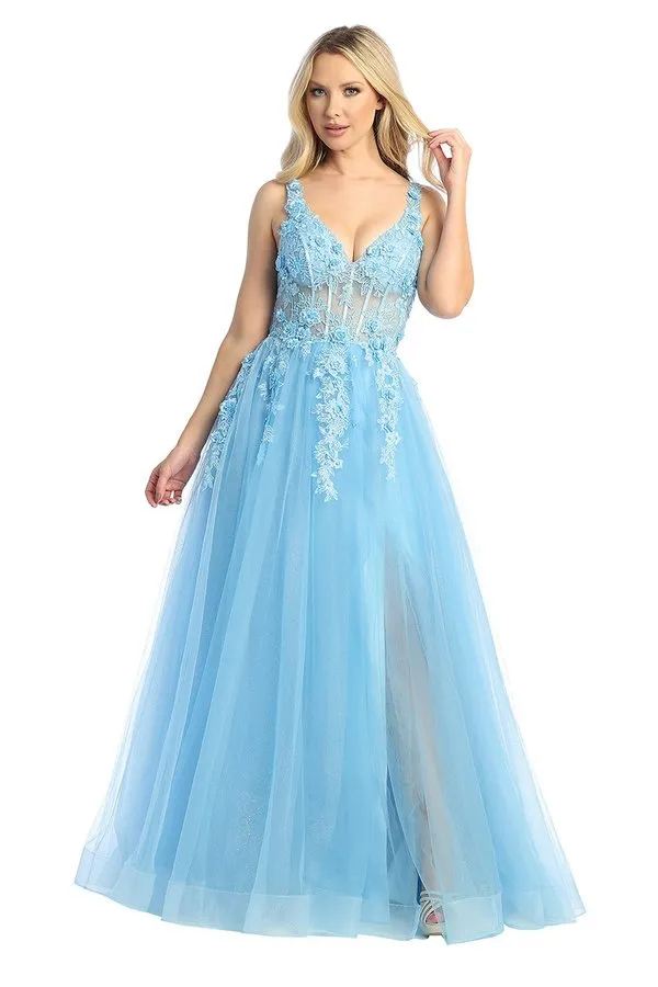 LF 7728 - Layered Tulle A-Line Prom Gown with 3D floral Embellished Sheer Boned Bodice & Leg Slit