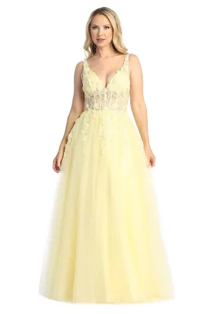 LF 7728 - Layered Tulle A-Line Prom Gown with 3D floral Embellished Sheer Boned Bodice & Leg Slit