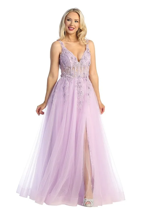 LF 7728 - Layered Tulle A-Line Prom Gown with 3D floral Embellished Sheer Boned Bodice & Leg Slit