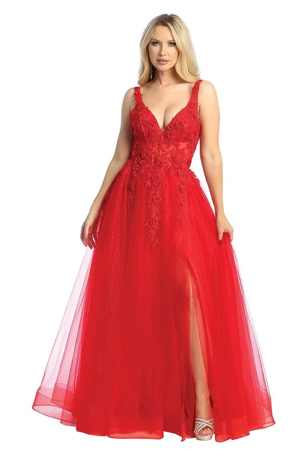 LF 7728 - Layered Tulle A-Line Prom Gown with 3D floral Embellished Sheer Boned Bodice & Leg Slit