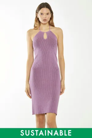 Lilac-Brown Rib Knit Halterneck Mini-Dress
