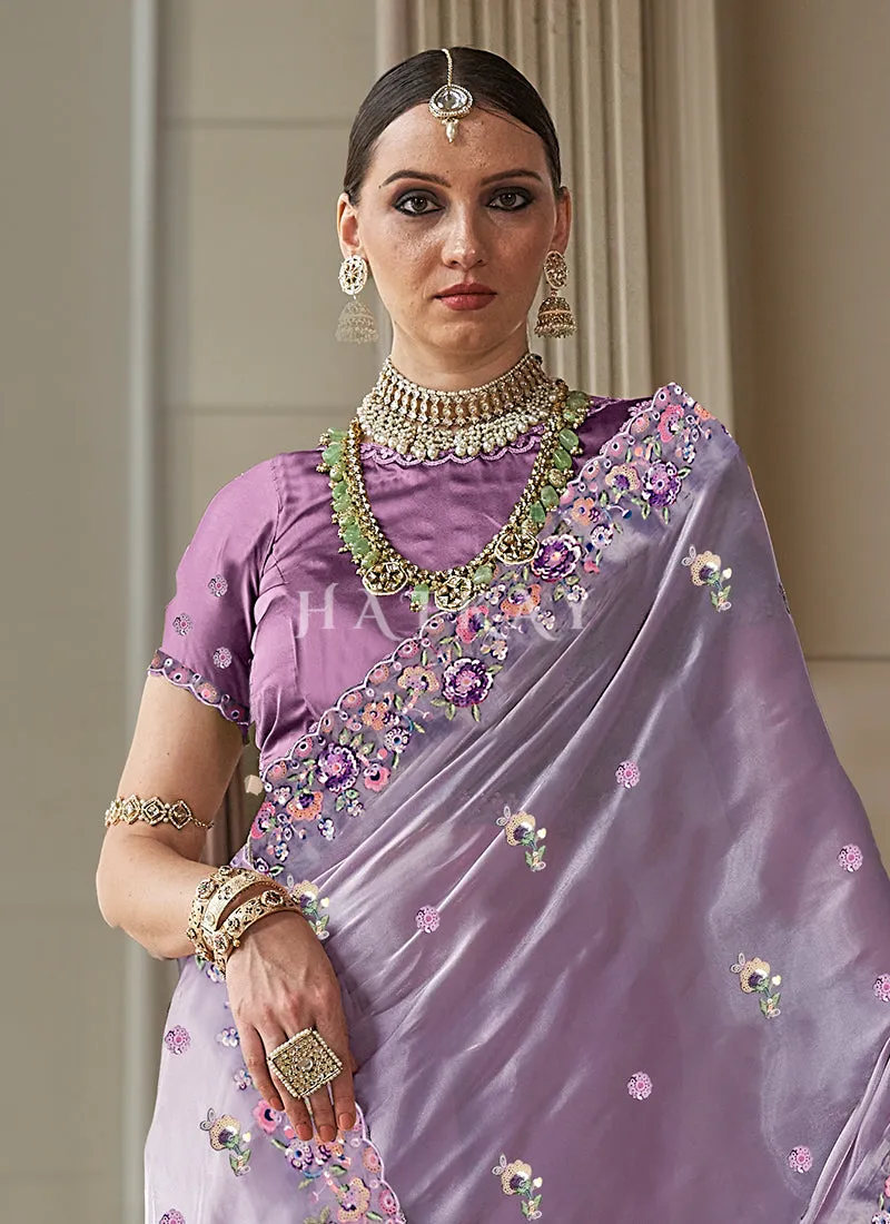 Lilac Purple Embroidery Silk Saree