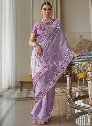 Lilac Purple Embroidery Silk Saree