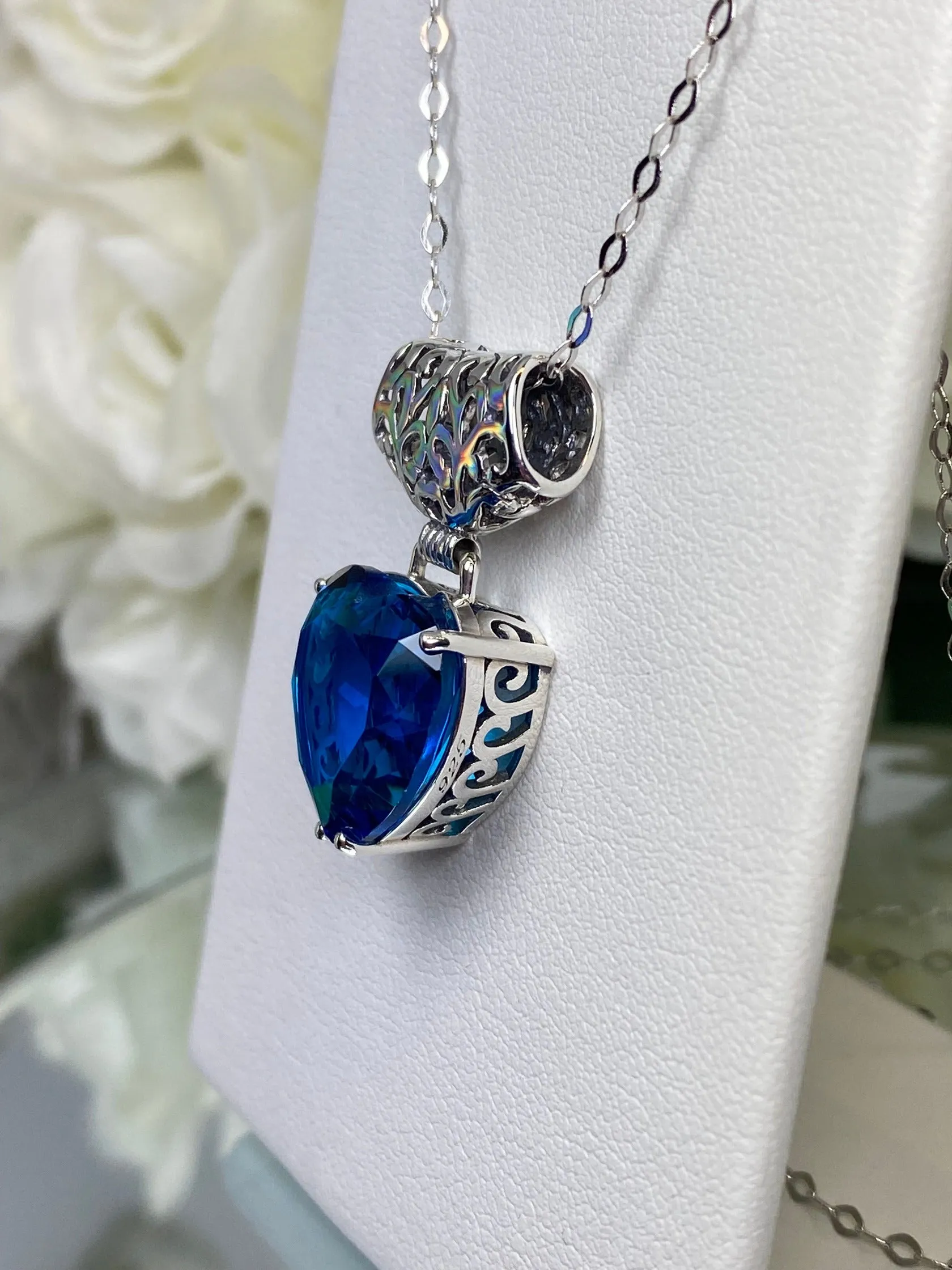 London Blue Heart Pendant, Heart Gemstone, Art Nouveau Necklace #P38 - Ready to Ship