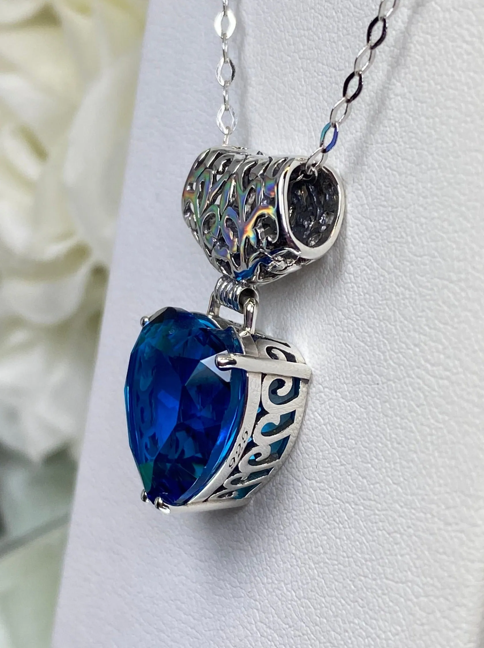 London Blue Heart Pendant, Heart Gemstone, Art Nouveau Necklace #P38 - Ready to Ship