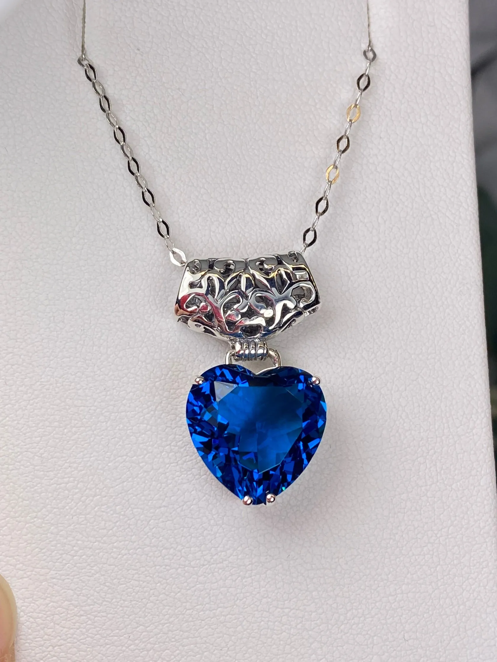 London Blue Heart Pendant, Heart Gemstone, Art Nouveau Necklace #P38 - Ready to Ship
