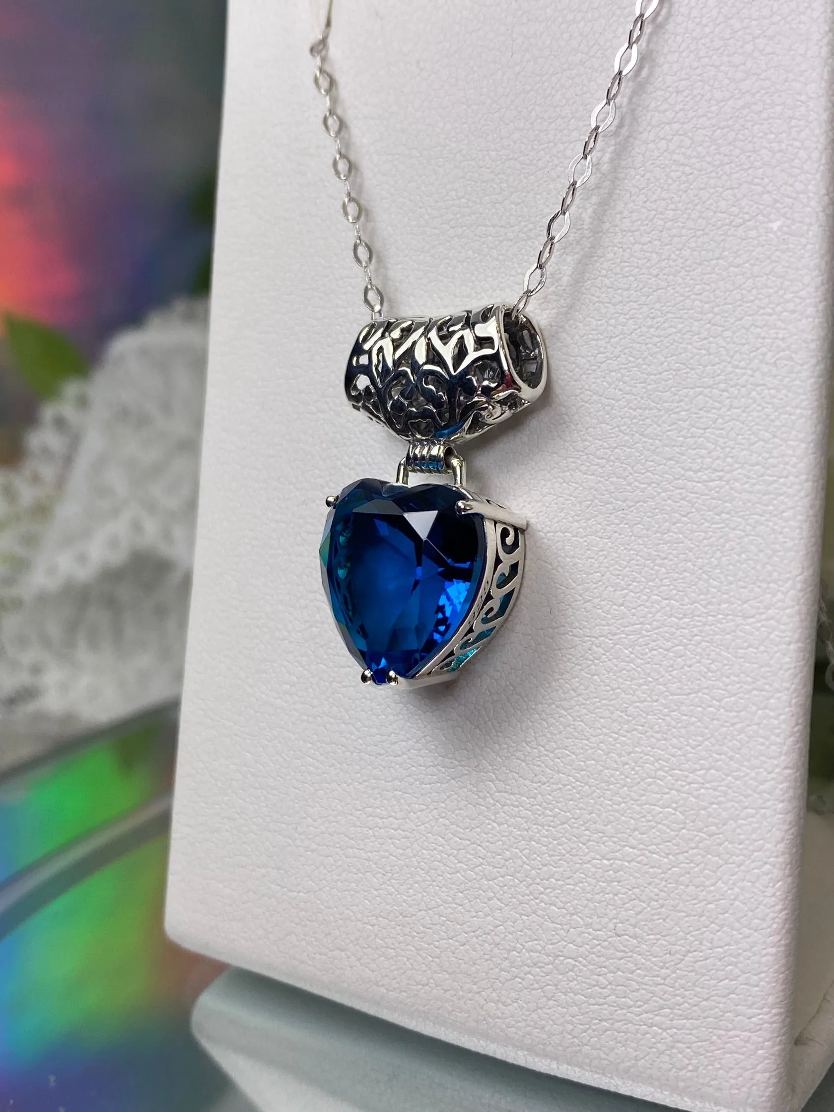 London Blue Heart Pendant, Heart Gemstone, Art Nouveau Necklace #P38 - Ready to Ship