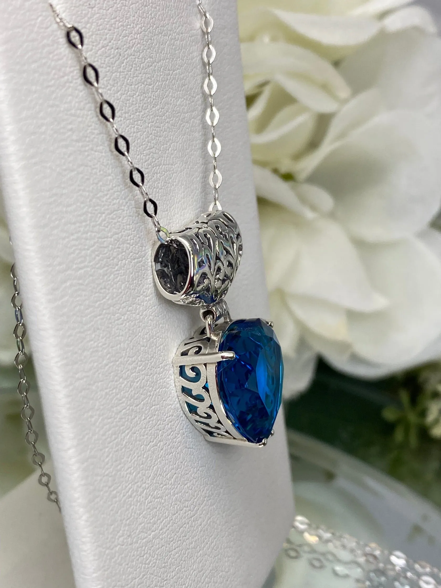 London Blue Heart Pendant, Heart Gemstone, Art Nouveau Necklace #P38 - Ready to Ship