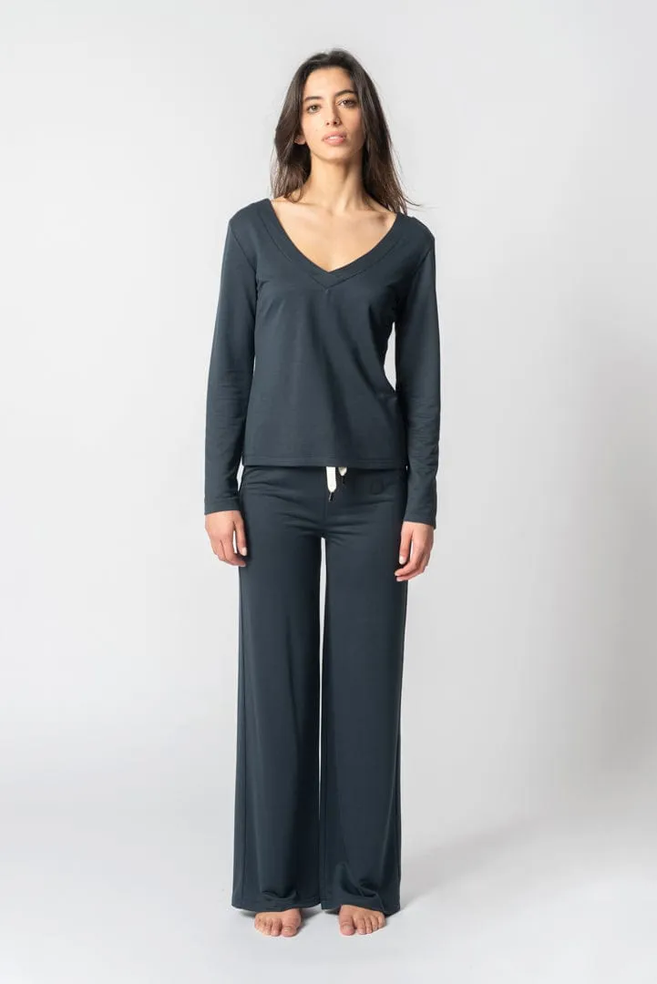Lyocell V Neck Long-Sleeve Top | Blue