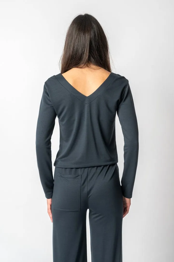 Lyocell V Neck Long-Sleeve Top | Blue