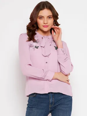 Madame Floral Embroidery Neck Tie Pink Top