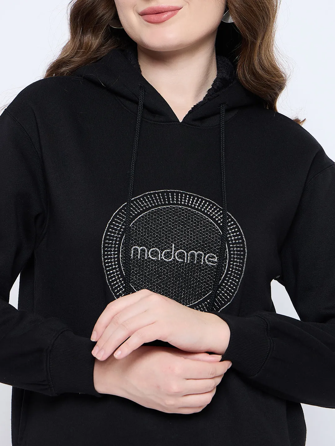Madame Graphic Print Loose Fit Black Hooded Sweatshirt