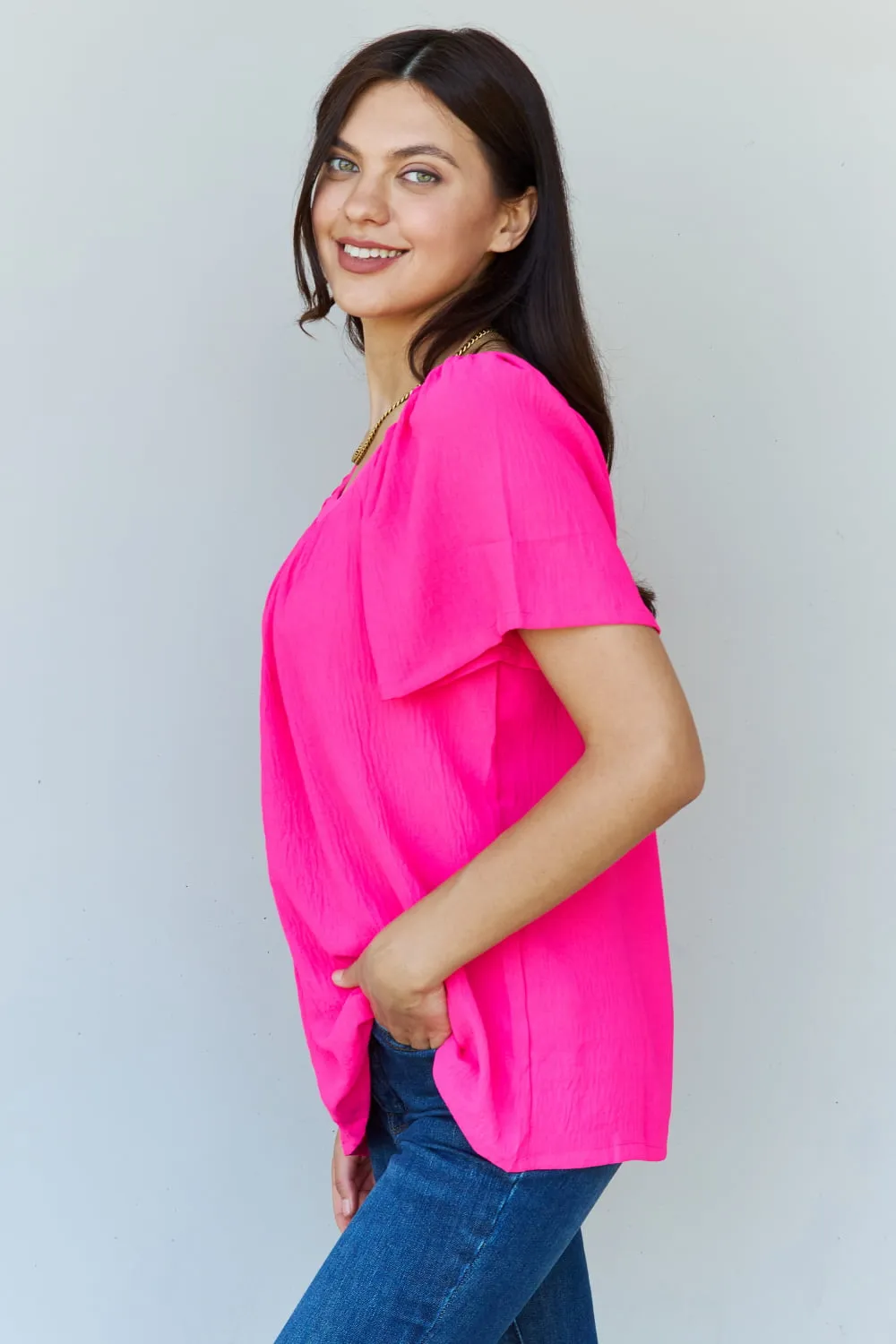 Mazey Square Neck Short Sleeve Blouse in Fuchsia