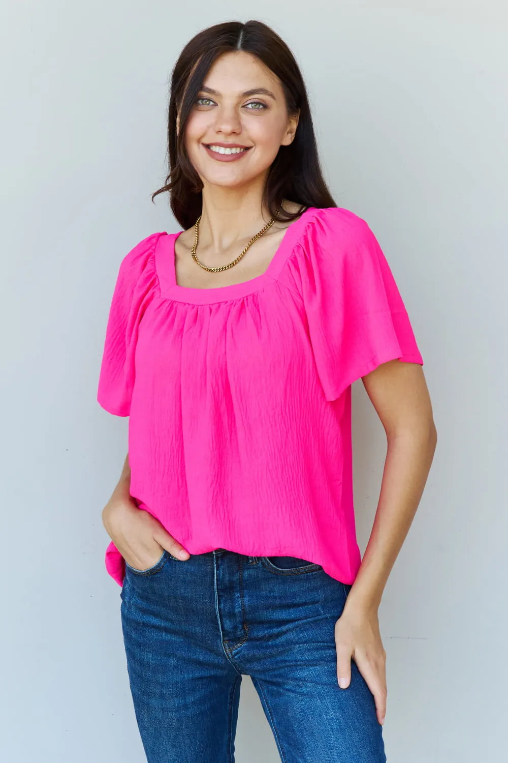 Mazey Square Neck Short Sleeve Blouse in Fuchsia