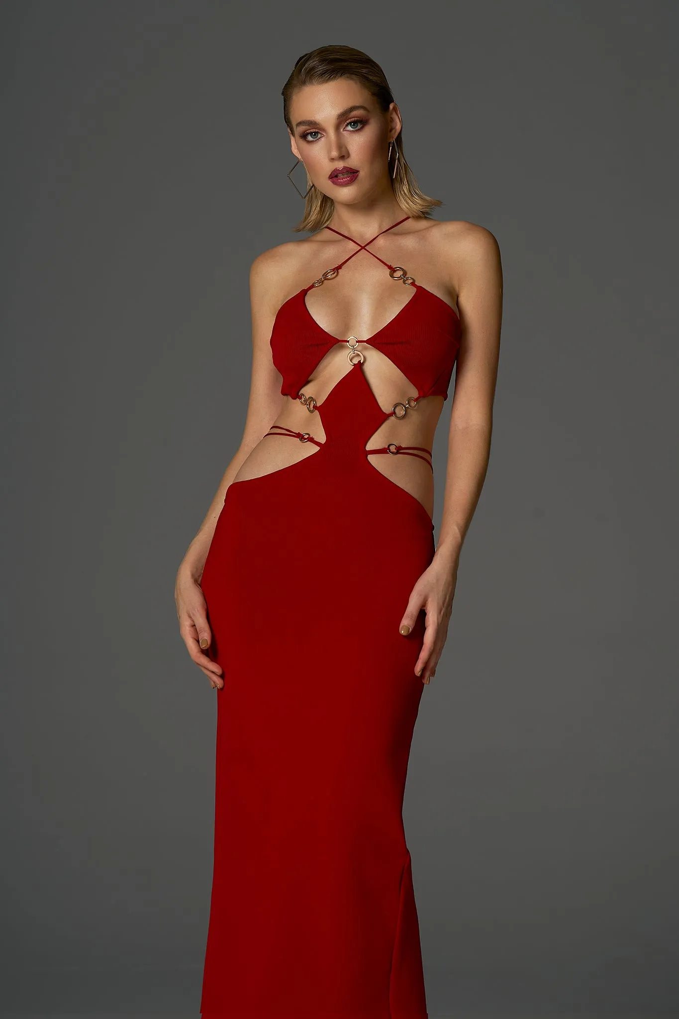 Melina Sexy Halter Wine Dress