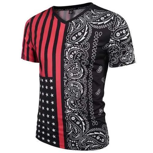 Mens Fashion 3D Printed Cashew Pattern Short Sleeve V-Neck Casual T-Shirt