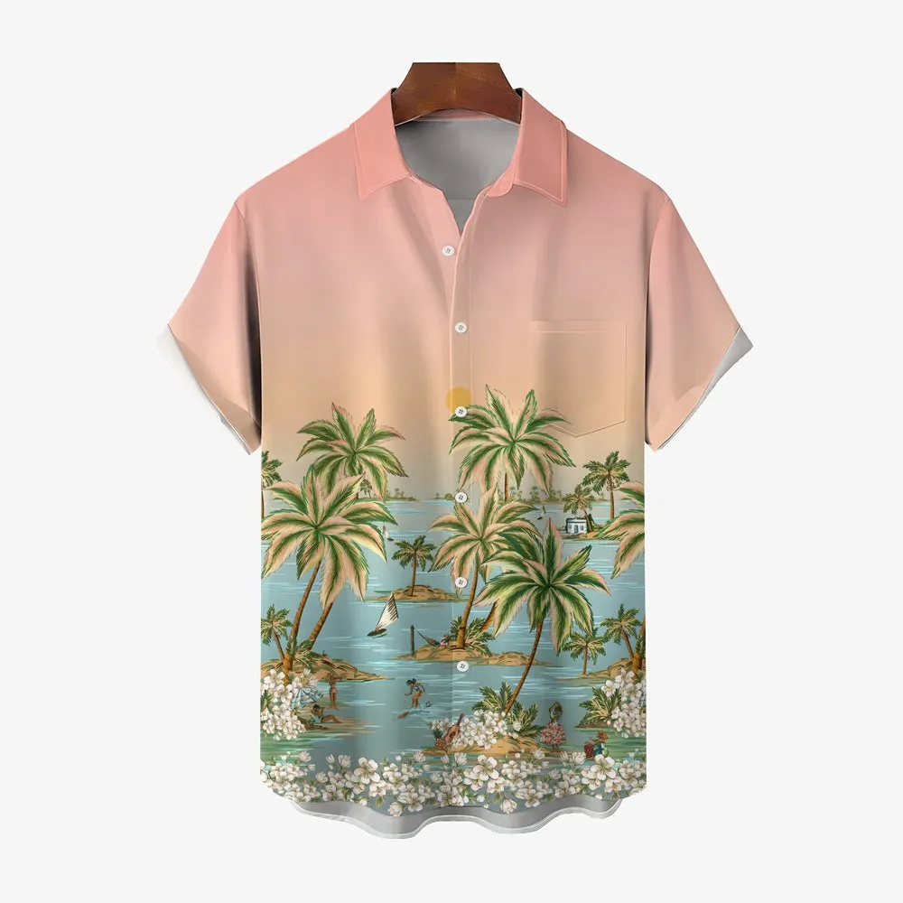 Men's Hawaiian Gradient Print Casual Short Sleeve Shirt 2404000060