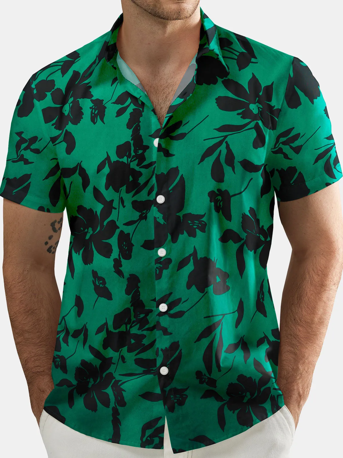 Men's Summer Floral Green Casual Short Sleeve Shirt