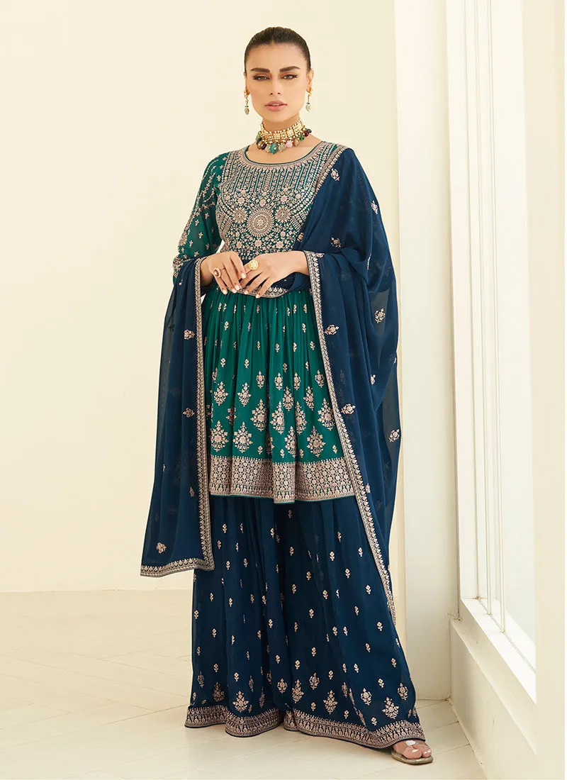 Mesmerizing Green and Blue Embroidered Sharara Suit