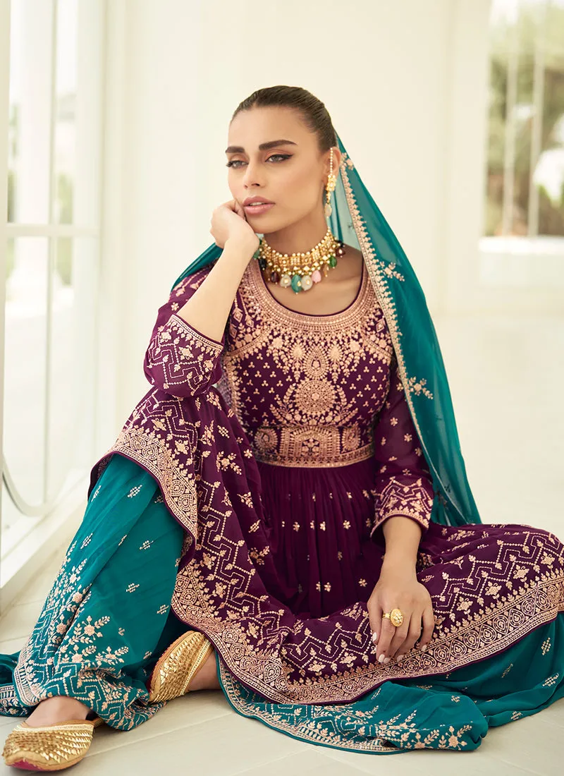 Mesmerizing Purple and Teal Embroidered Sharara Suit