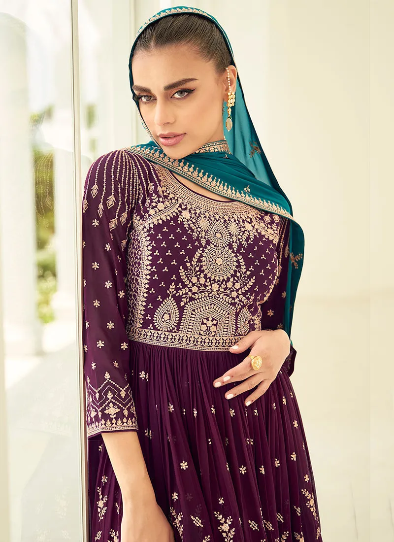 Mesmerizing Purple and Teal Embroidered Sharara Suit