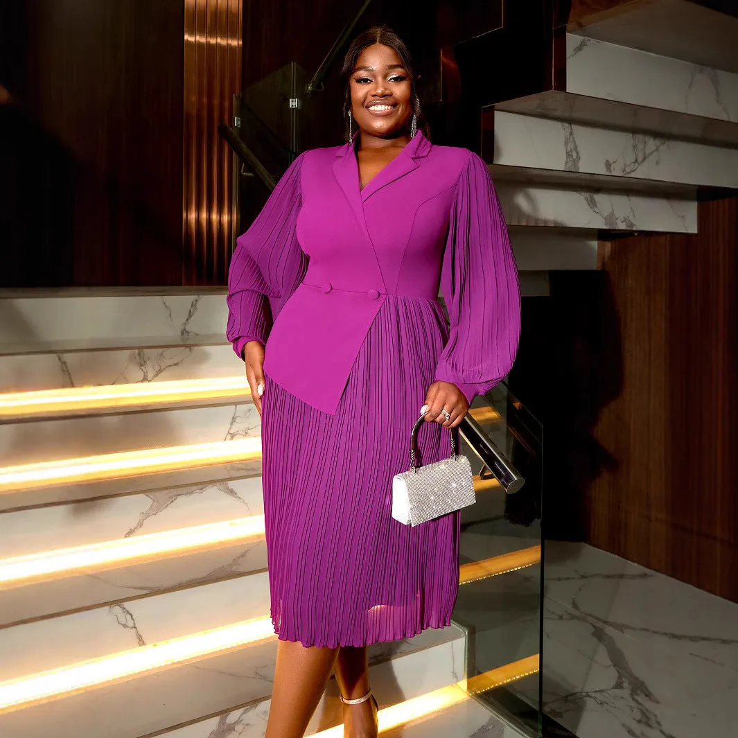 Modern Sophistication Asymmetrical Pleated Midi Dress with Lantern Sleeves