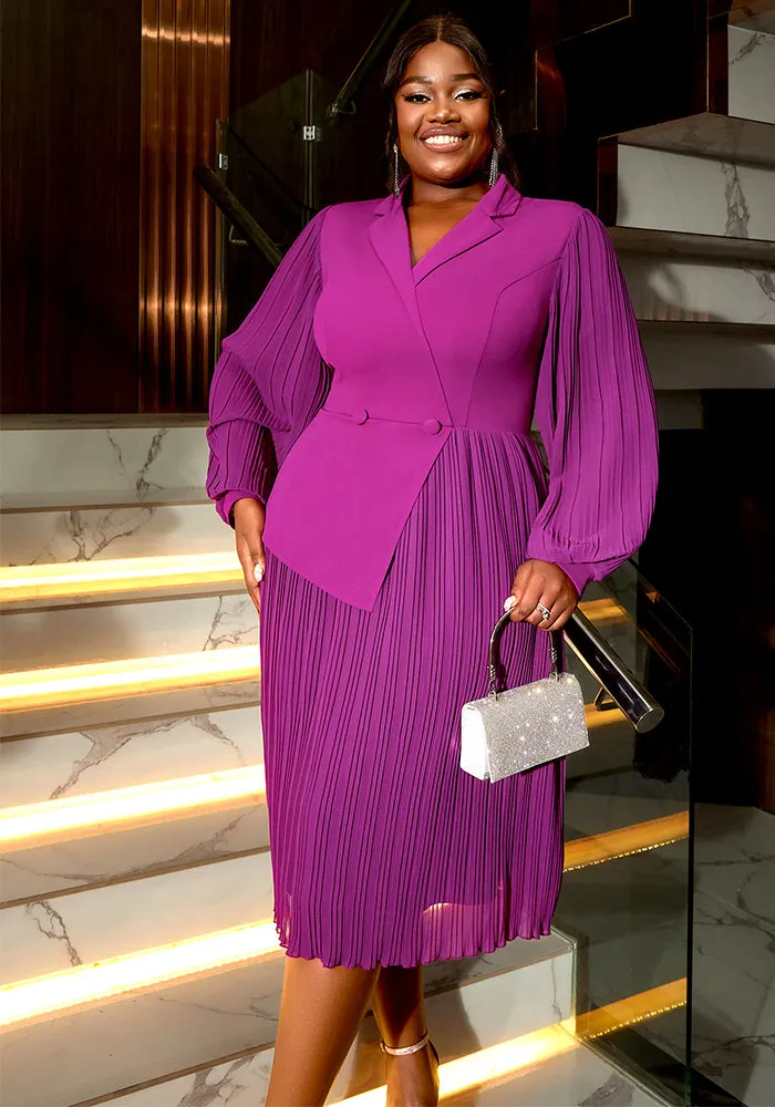 Modern Sophistication Asymmetrical Pleated Midi Dress with Lantern Sleeves