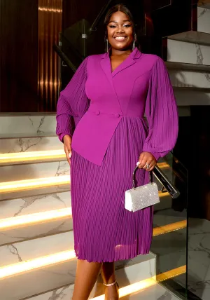 Modern Sophistication Asymmetrical Pleated Midi Dress with Lantern Sleeves