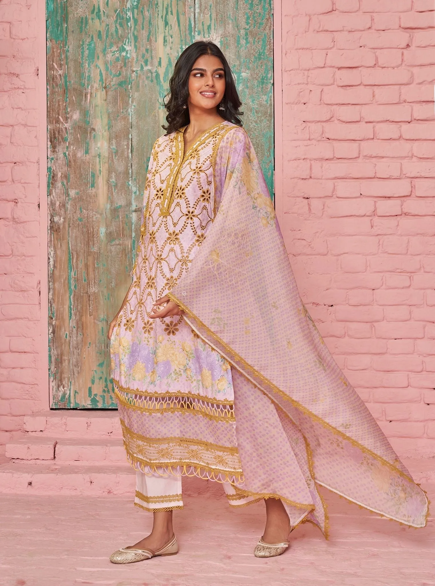 Mulmul Cotton Printed Poema Pink Kurta With Mulmul Cotton Poema Pink Pant