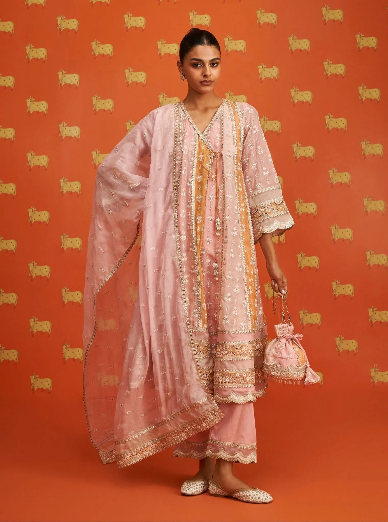 Mulmul Organza Sawika Pink Anarkali Kurta With Mulmul Pima Satin Sawika Pink Pant