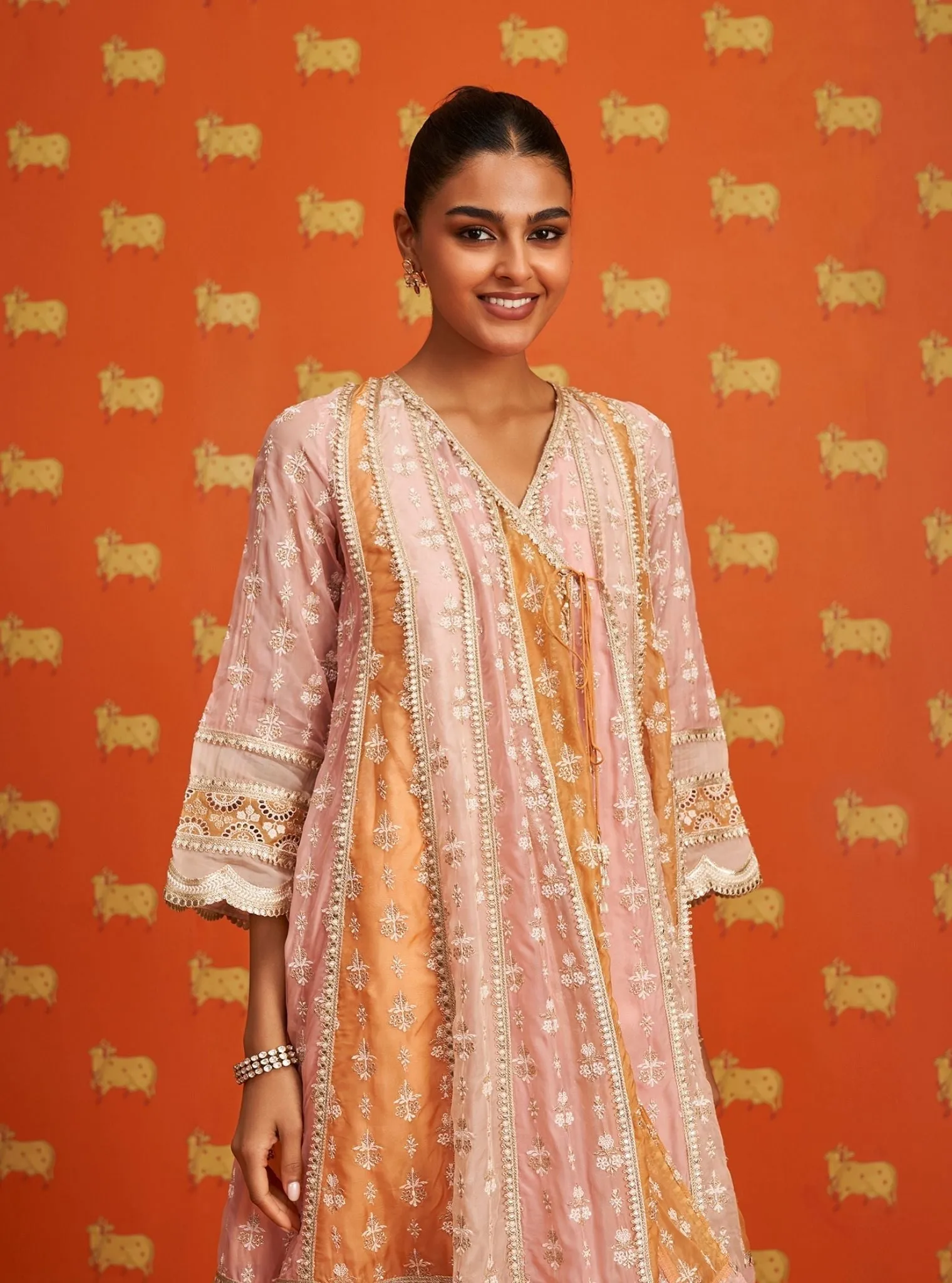 Mulmul Organza Sawika Pink Anarkali Kurta With Mulmul Pima Satin Sawika Pink Pant