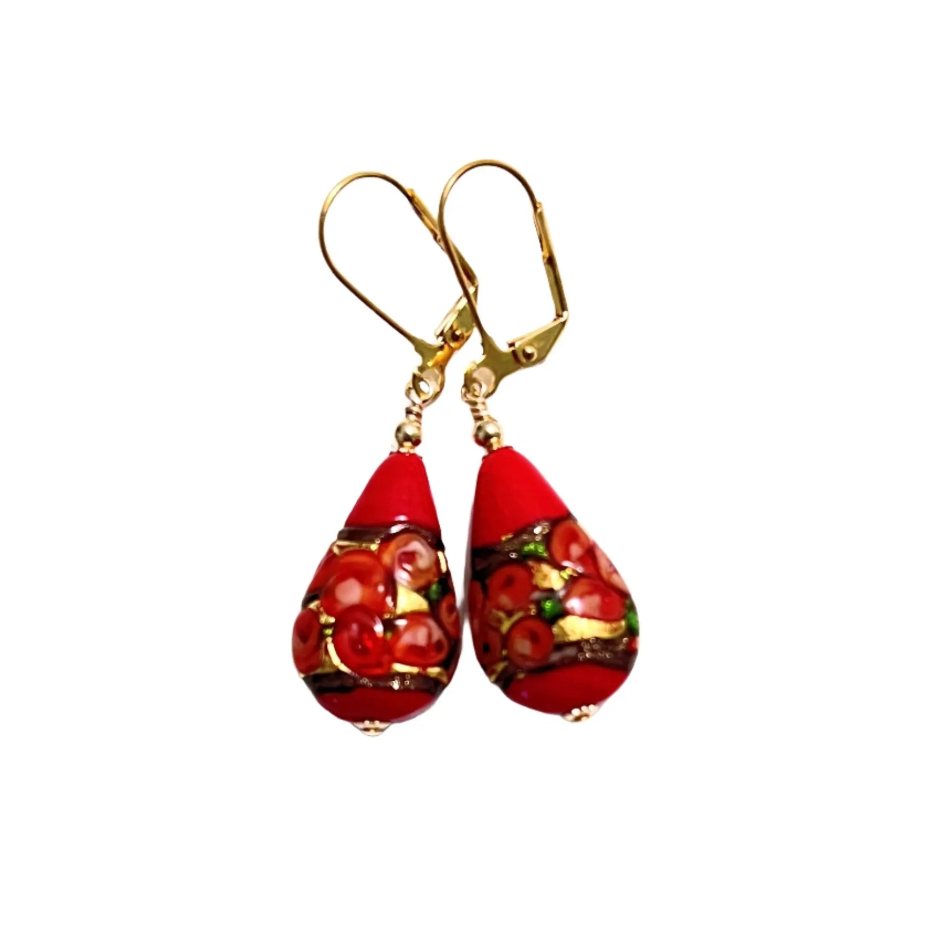 Murano Glass Red Roses Teardrop Gold Earrings by JKC Murano
