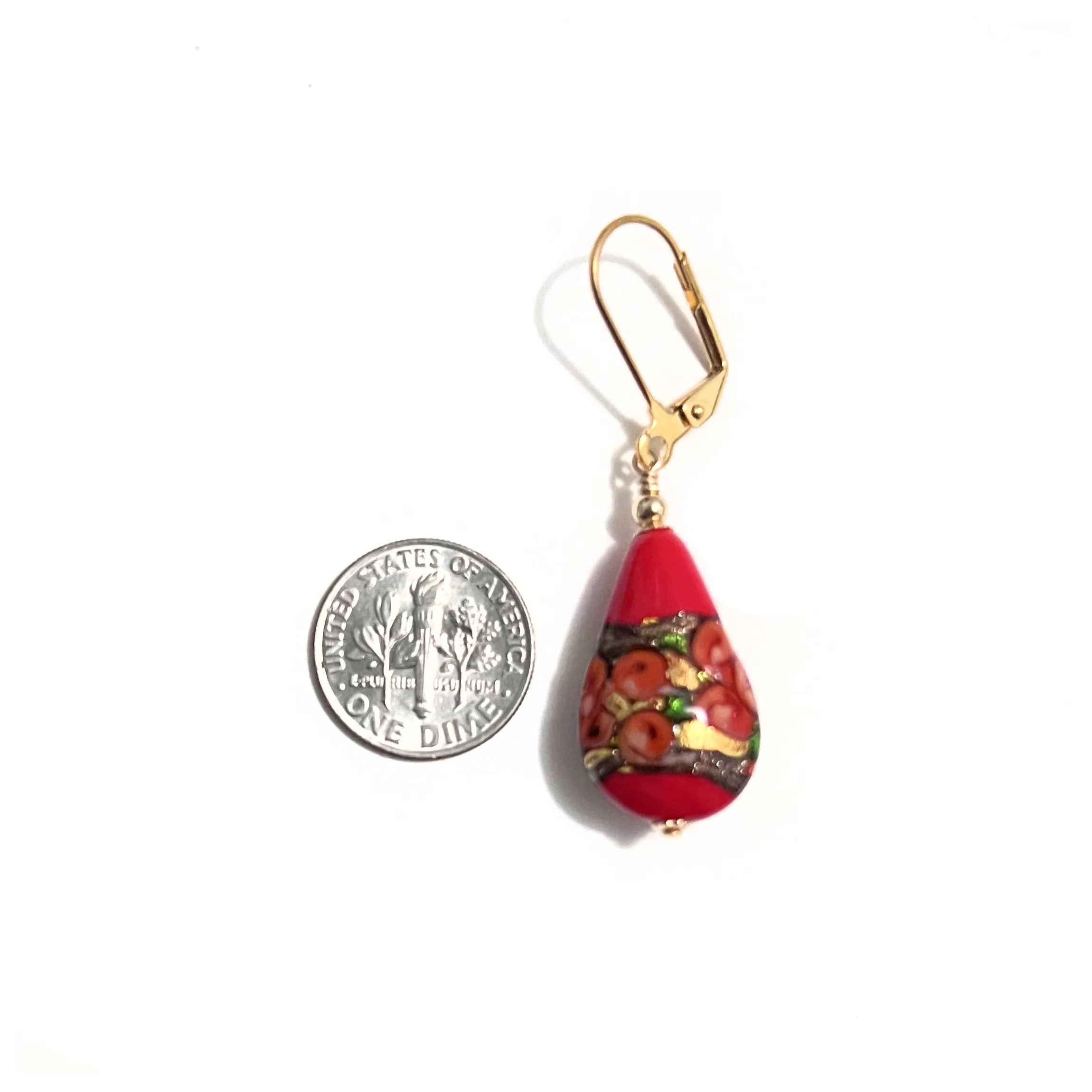 Murano Glass Red Roses Teardrop Gold Earrings by JKC Murano
