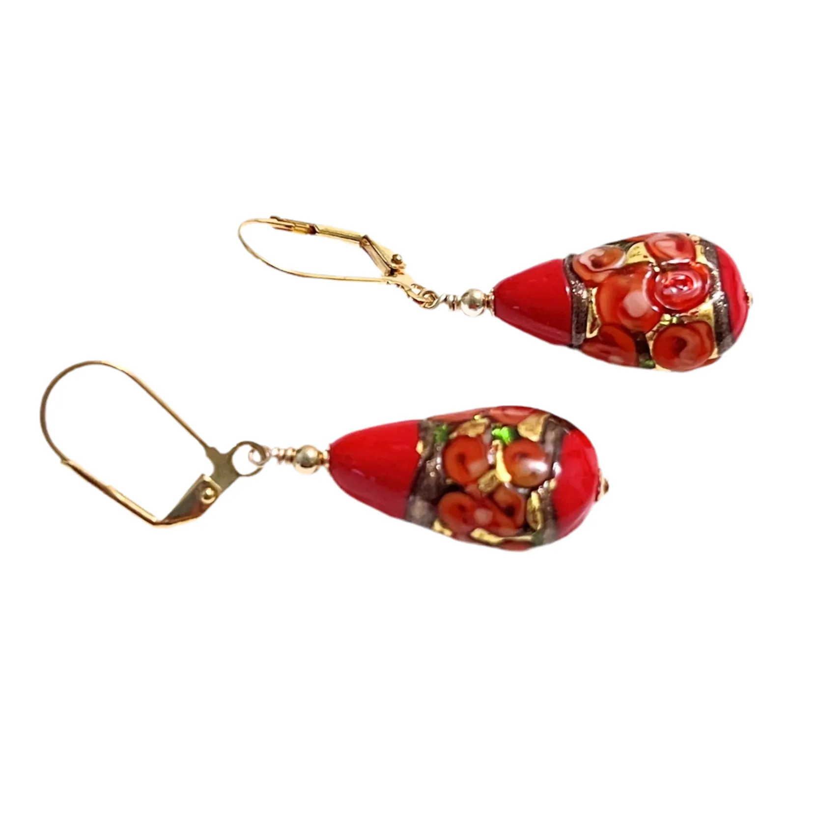 Murano Glass Red Roses Teardrop Gold Earrings by JKC Murano