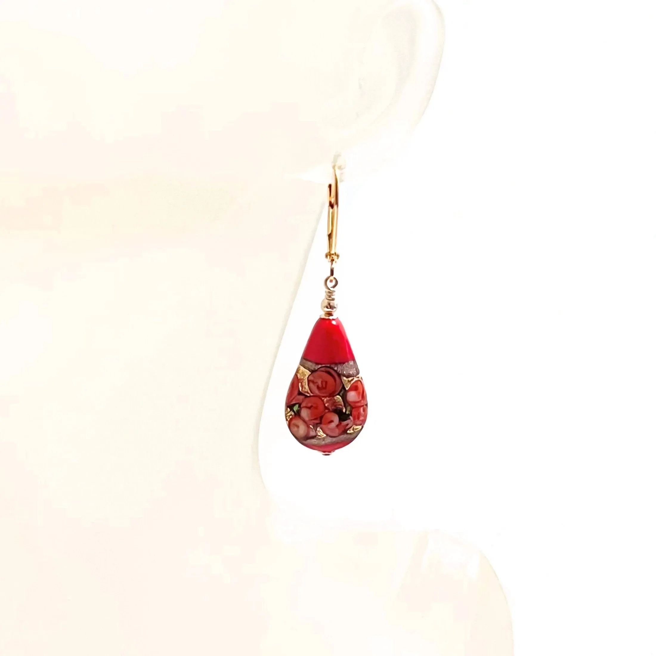 Murano Glass Red Roses Teardrop Gold Earrings by JKC Murano