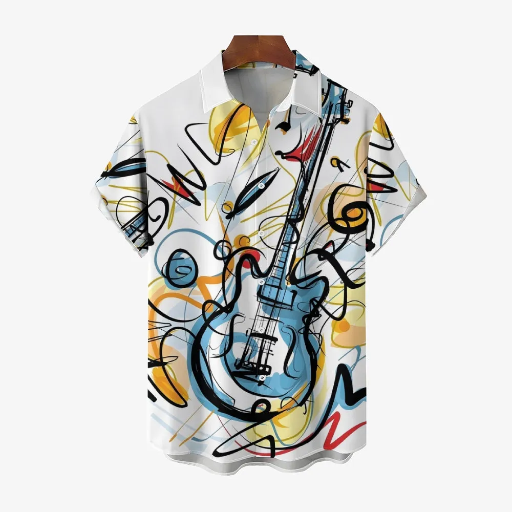 Music Note Guitar Printed Casual Short-Sleeved Shirt 2406002952