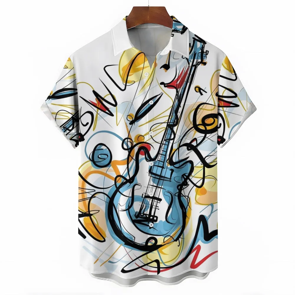 Music Note Guitar Printed Casual Short-Sleeved Shirt 2406002952