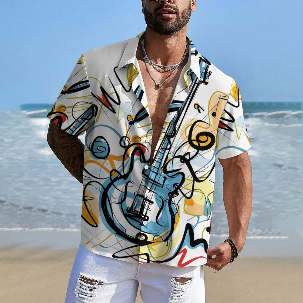 Music Note Guitar Printed Casual Short-Sleeved Shirt 2406002952