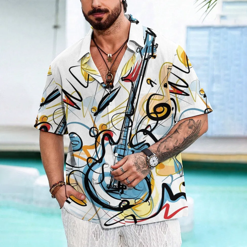 Music Note Guitar Printed Casual Short-Sleeved Shirt 2406002952