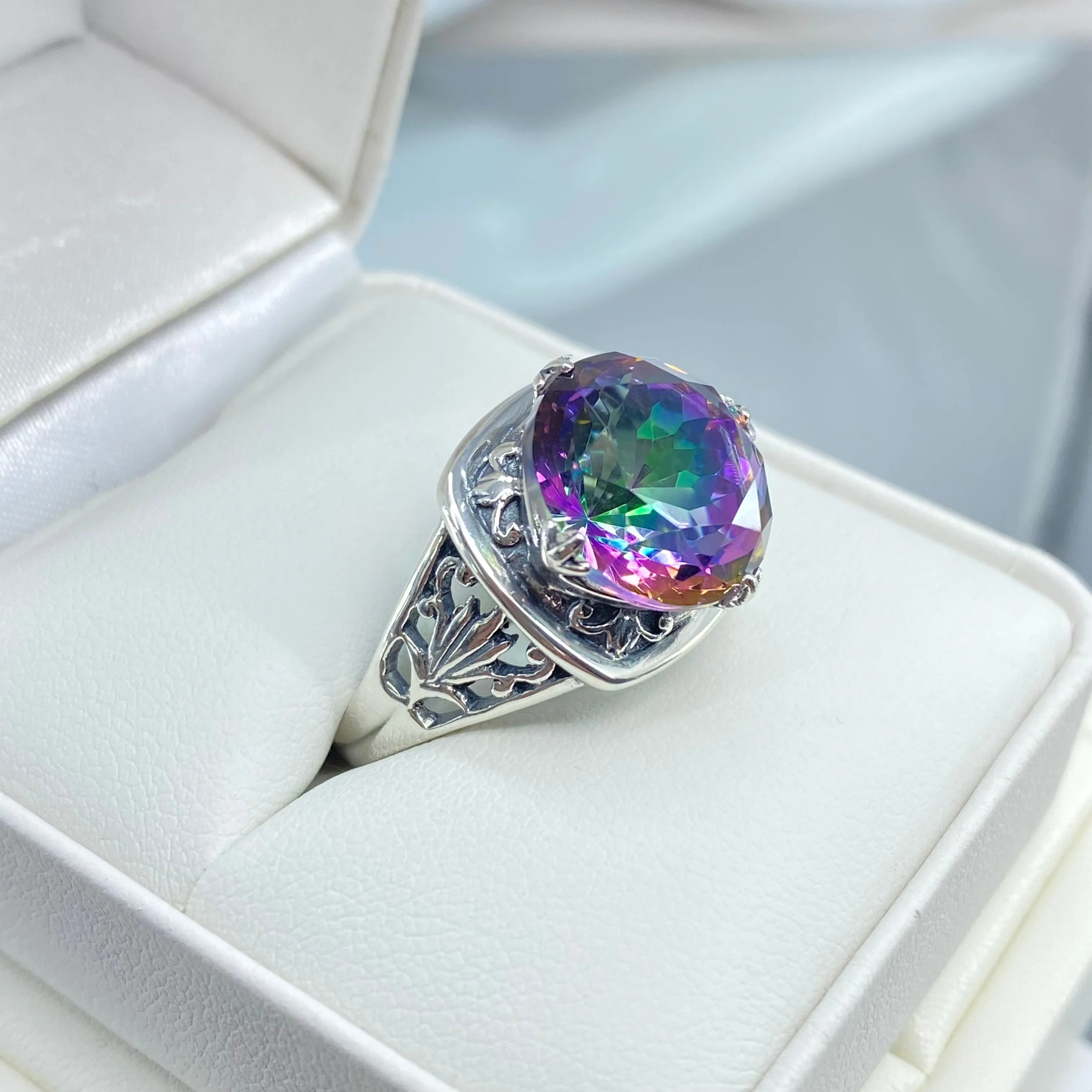 Mystic Topaz Ring, Round Cut, Lotus Art Deco Filigree, D130