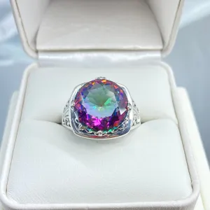 Mystic Topaz Ring, Round Cut, Lotus Art Deco Filigree, D130