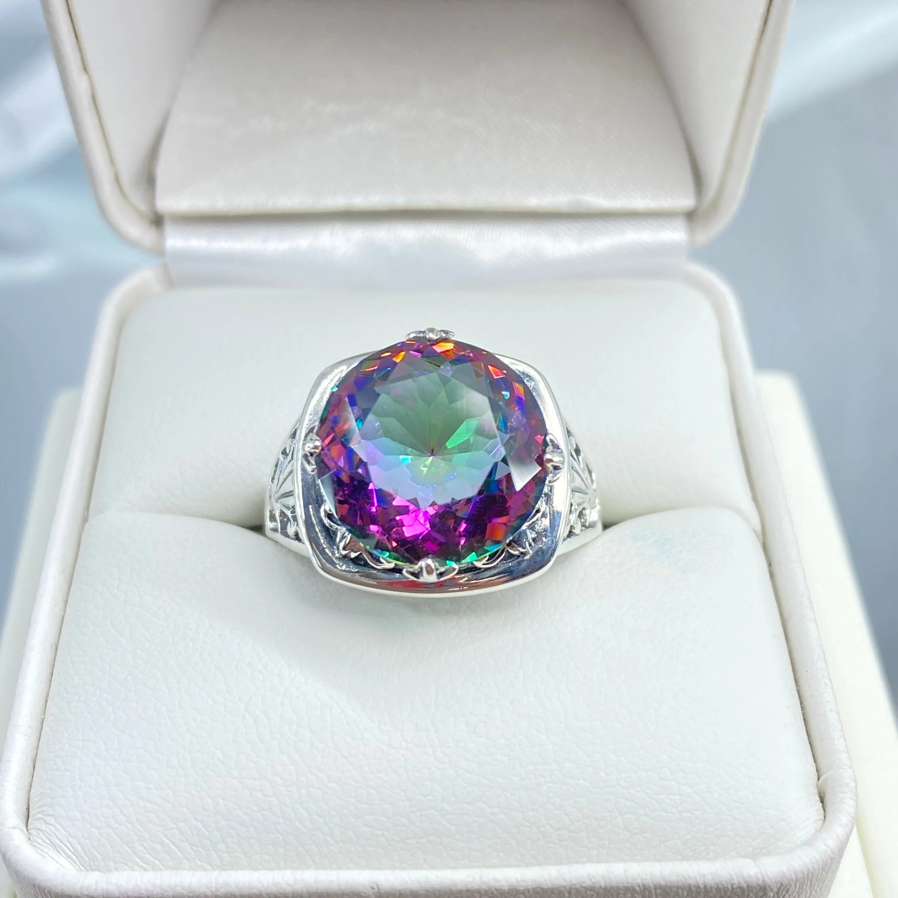 Mystic Topaz Ring, Round Cut, Lotus Art Deco Filigree, D130