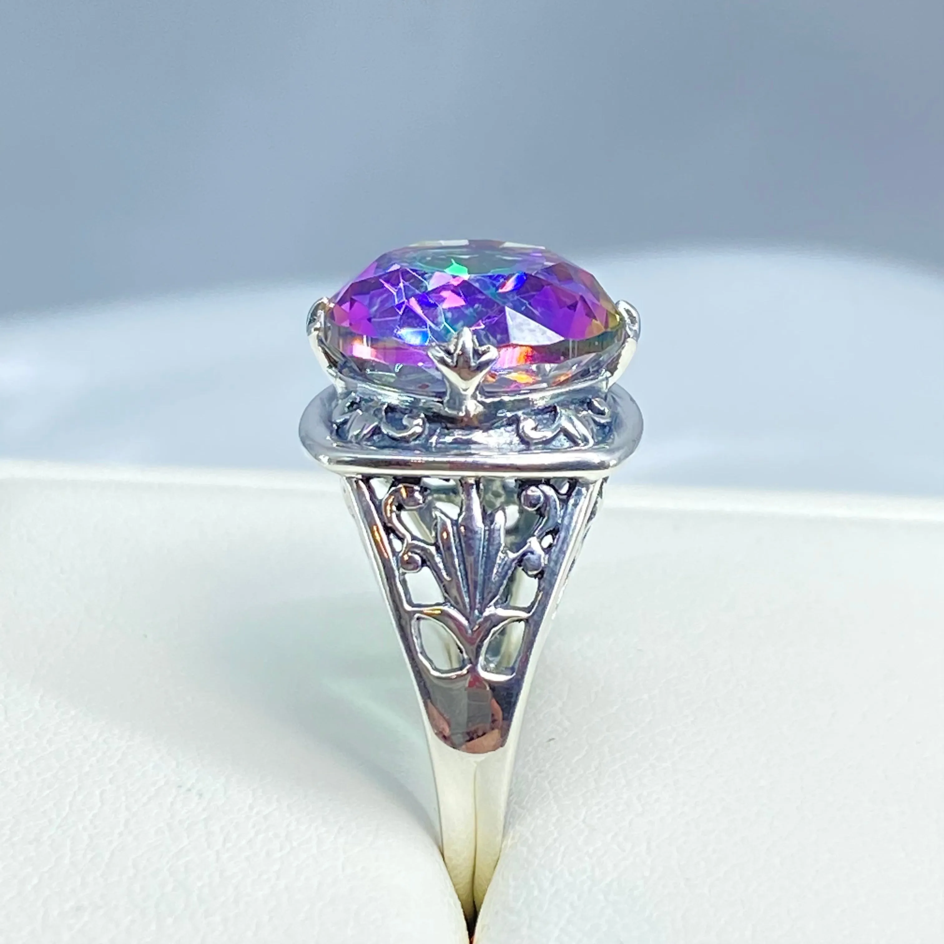 Mystic Topaz Ring, Round Cut, Lotus Art Deco Filigree, D130