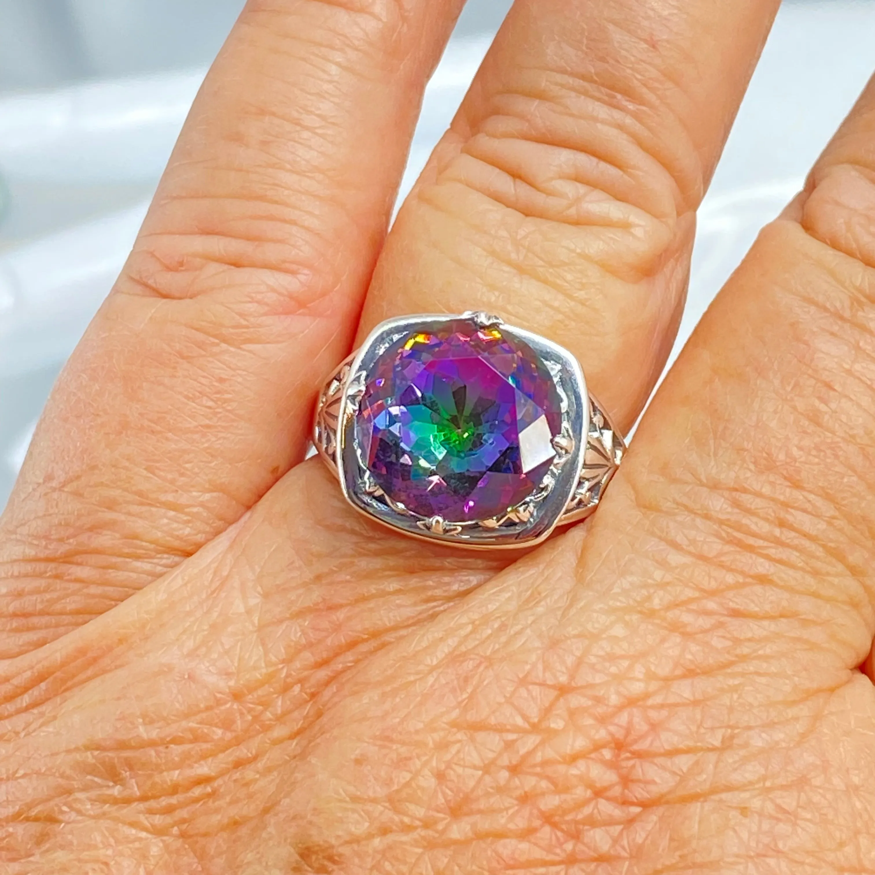 Mystic Topaz Ring, Round Cut, Lotus Art Deco Filigree, D130