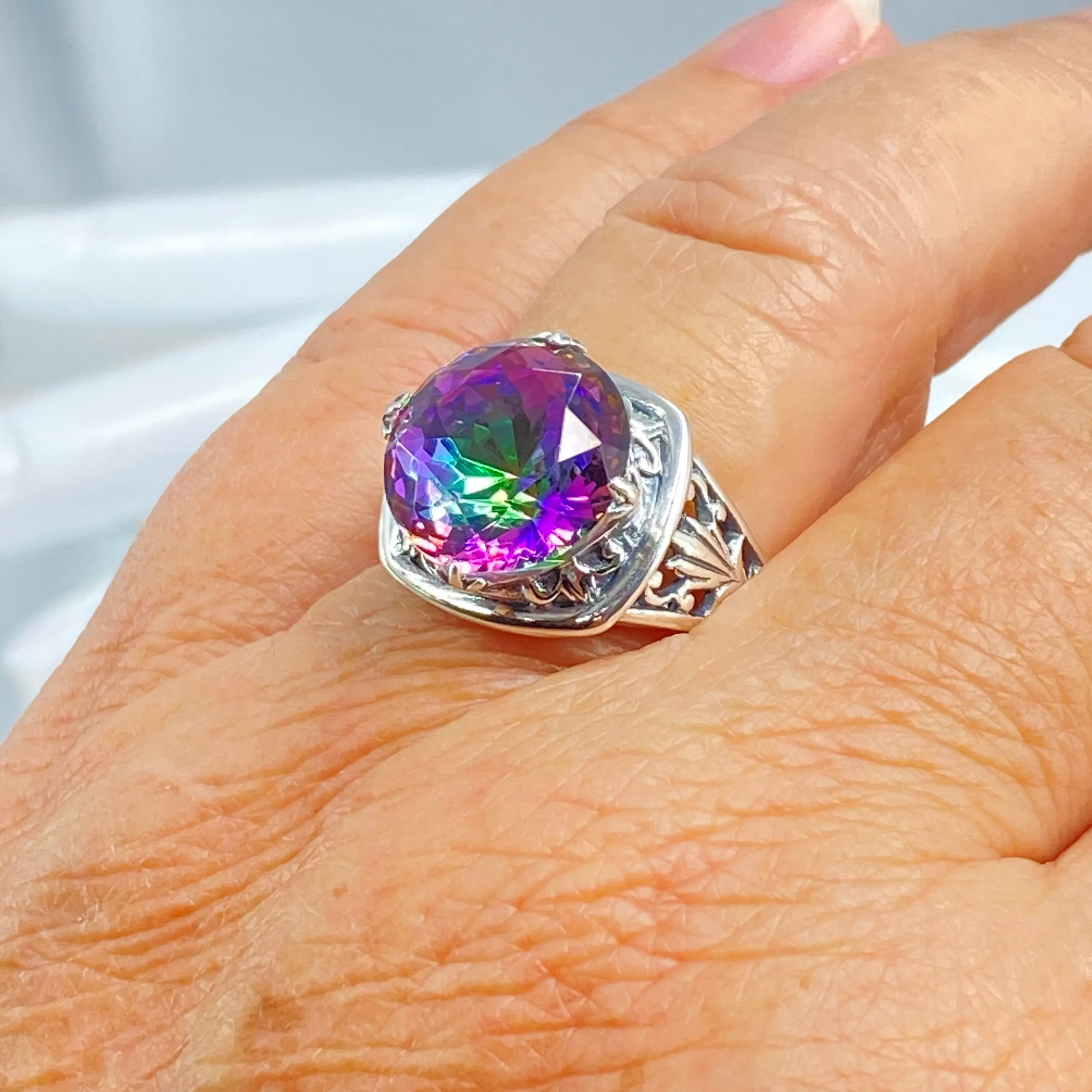Mystic Topaz Ring, Round Cut, Lotus Art Deco Filigree, D130