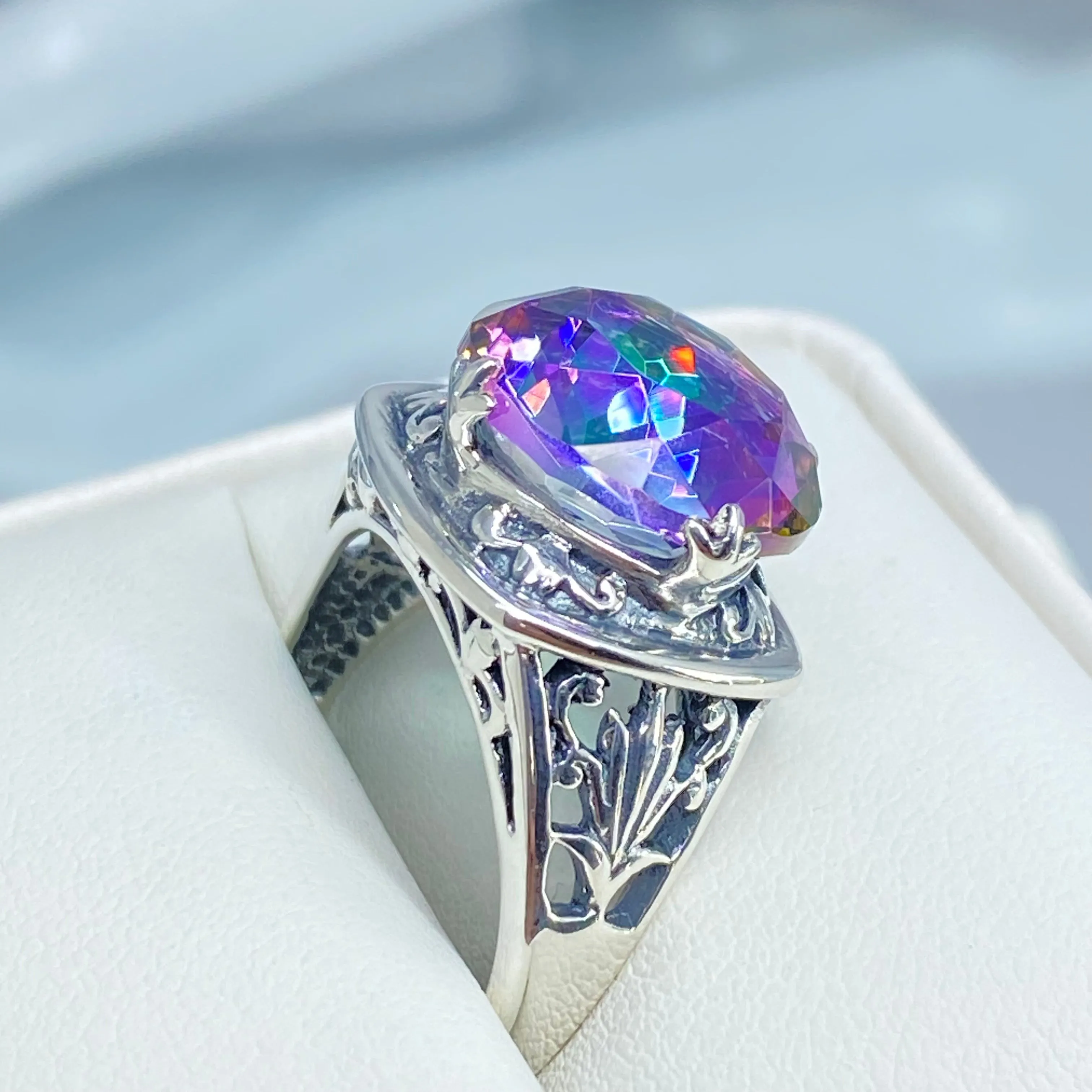 Mystic Topaz Ring, Round Cut, Lotus Art Deco Filigree, D130