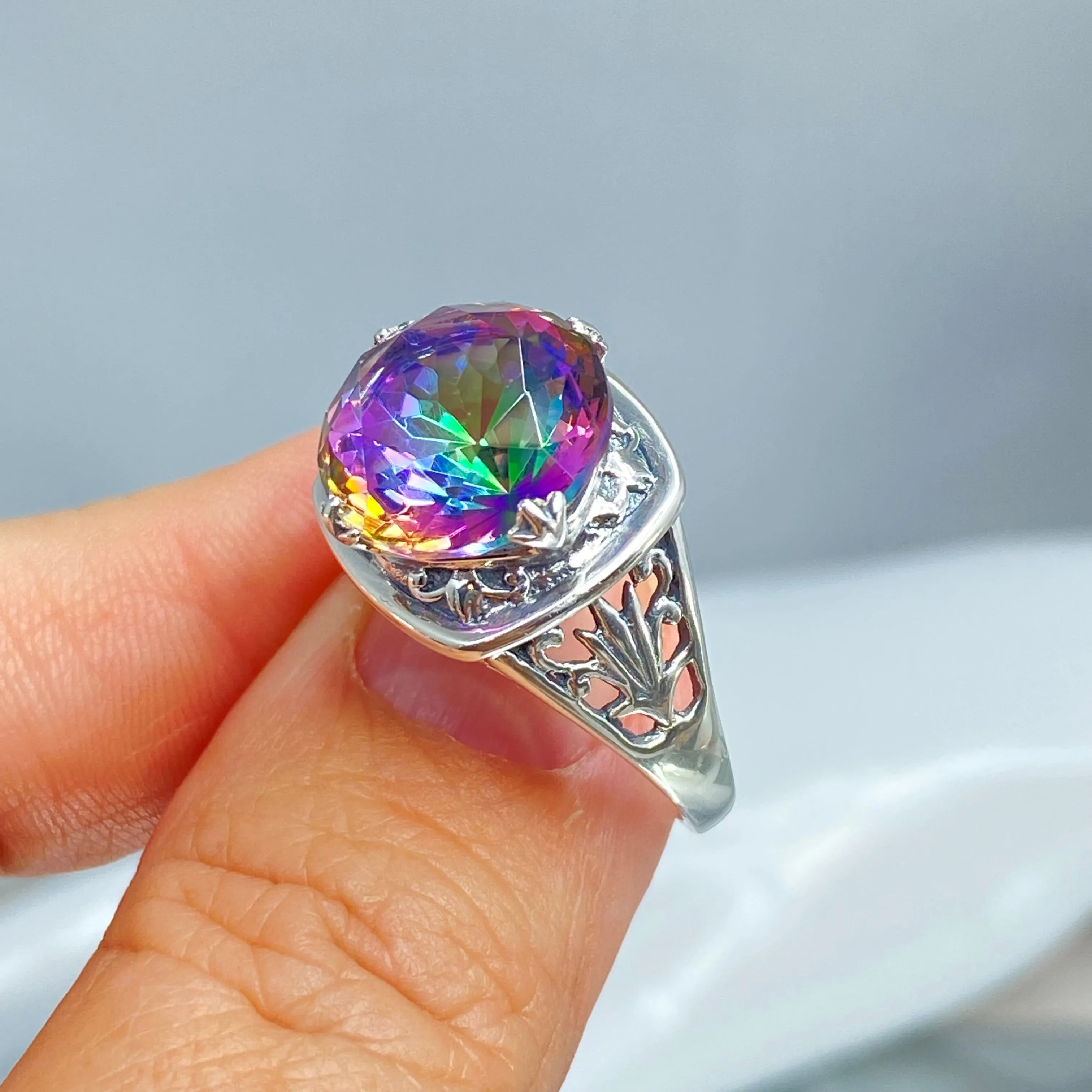 Mystic Topaz Ring, Round Cut, Lotus Art Deco Filigree, D130