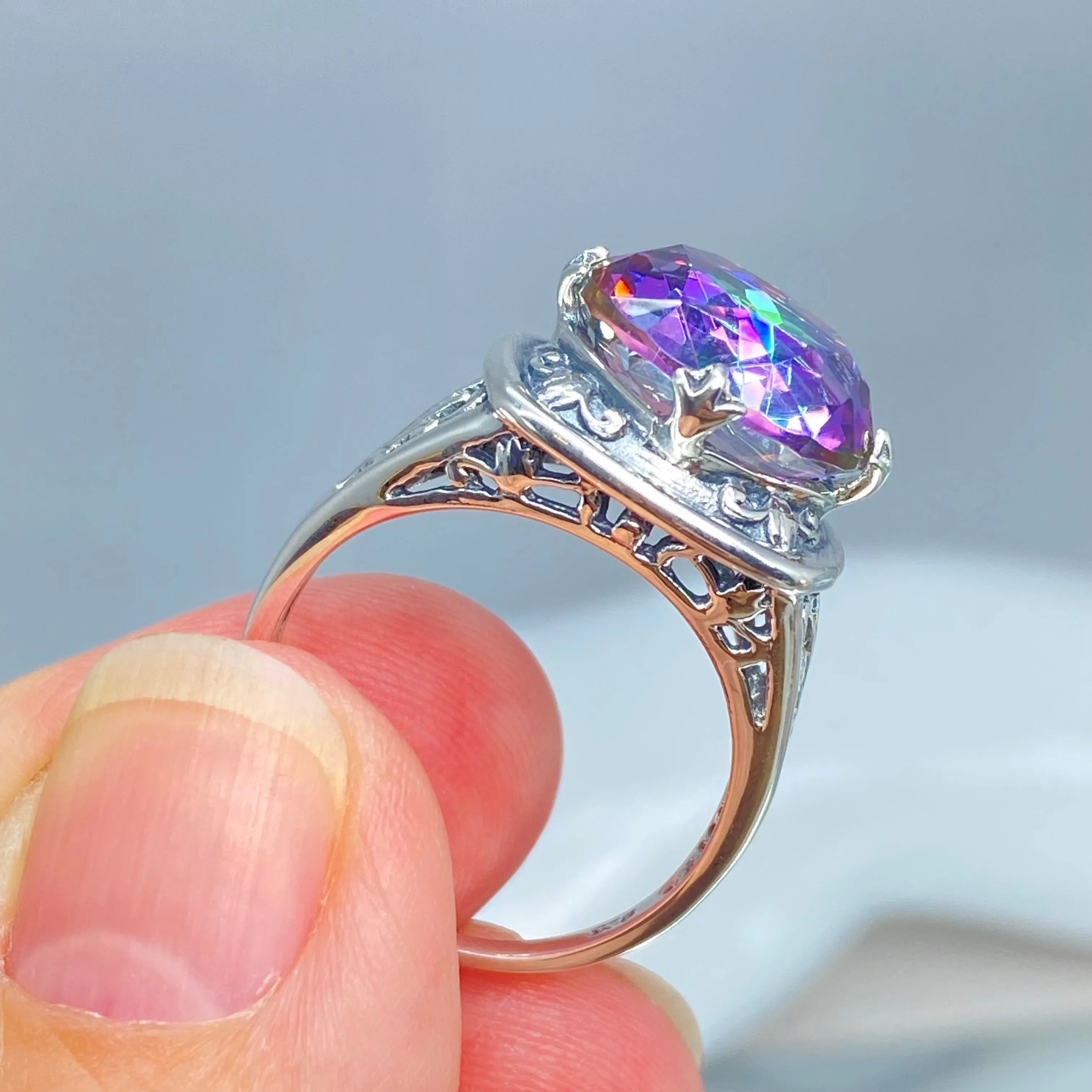 Mystic Topaz Ring, Round Cut, Lotus Art Deco Filigree, D130